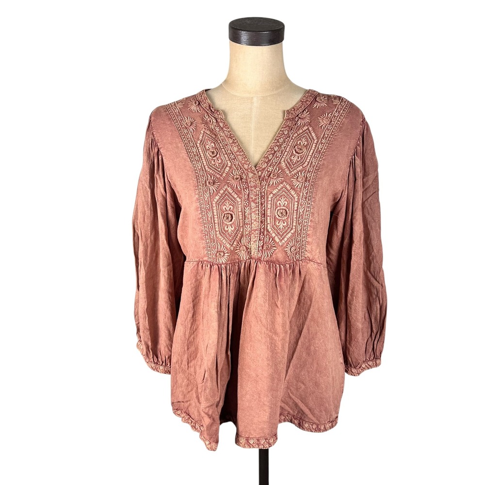 Boho Embroidered Peasant Blouse Rayon Babydoll Solitaire Terracotta Top S
